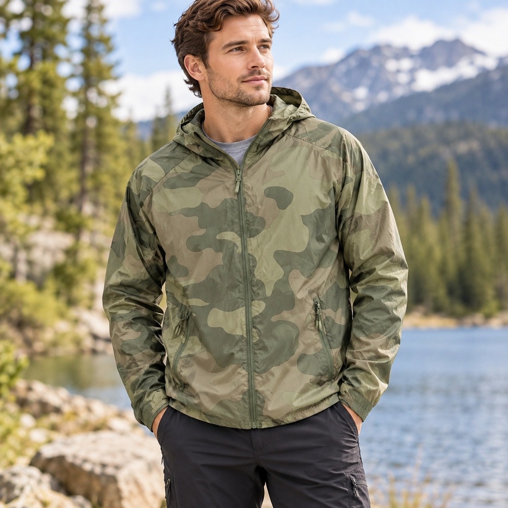All in Motion Men Green Camo Packable Hooded Windbreaker Jacket Small Activewear